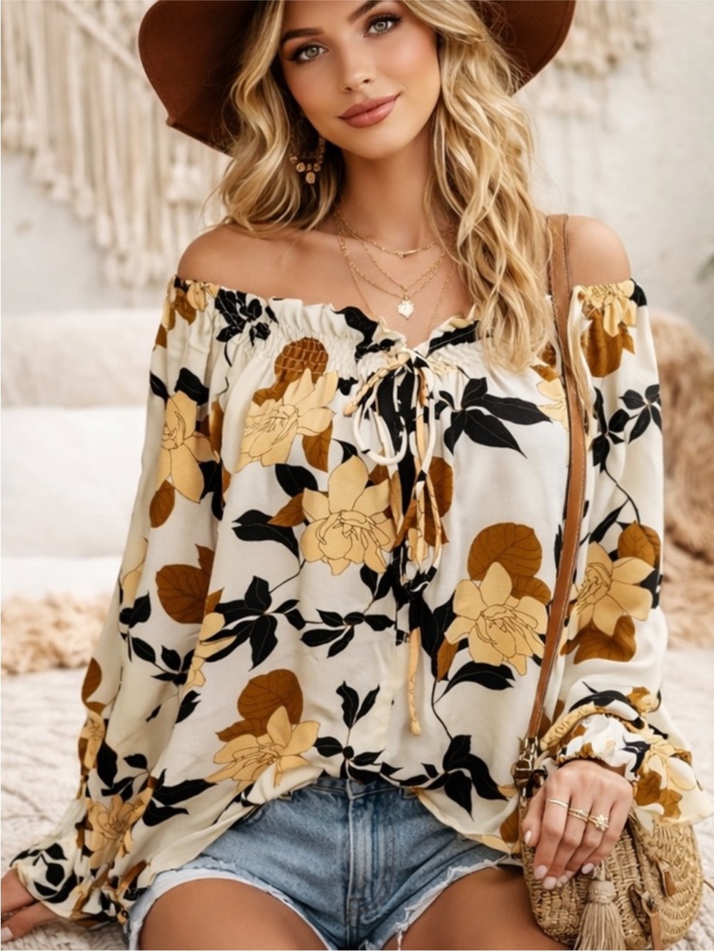 Millibon Off-Shoulder Floral Blouse in Cream, Mustard & Black